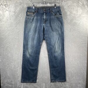 Prana Jeans men's 34x32 Straight Fit Distressed Blue Denim Stretch Outdoor Work